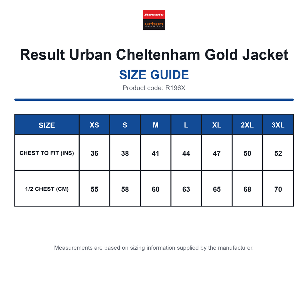 R196X Result Urban Cheltenham Gold Jacket size guide (R196X)