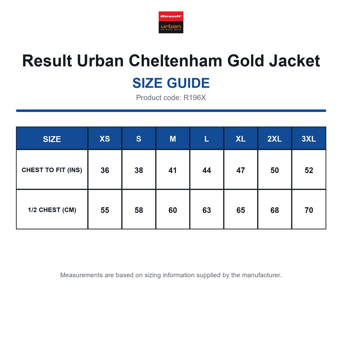 R196X Result Urban Cheltenham Gold Jacket size guide (R196X)