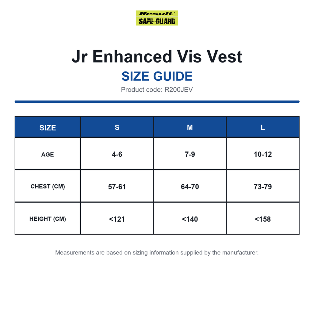 R200JEV Result SafeGuard Jr Enhanced Vis Vest size guide (R200JEV)