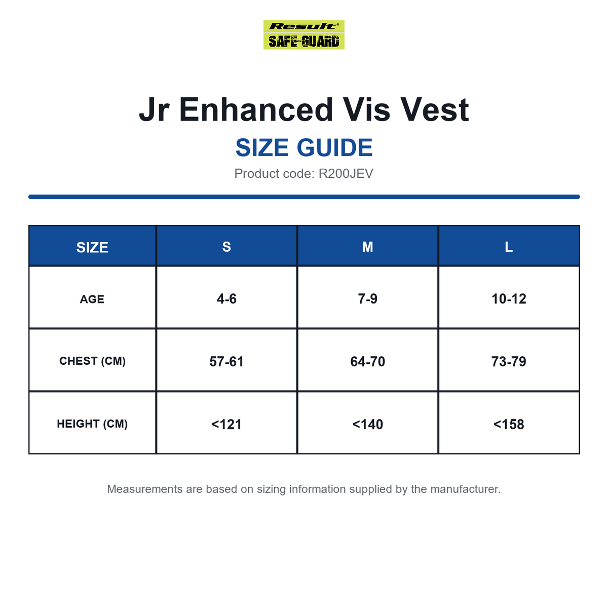 R200JEV Result SafeGuard Jr Enhanced Vis Vest size guide (R200JEV)