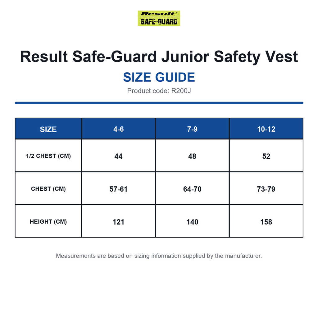 R200J Result Safe-Guard Junior Safety Vest size guide (R200J)