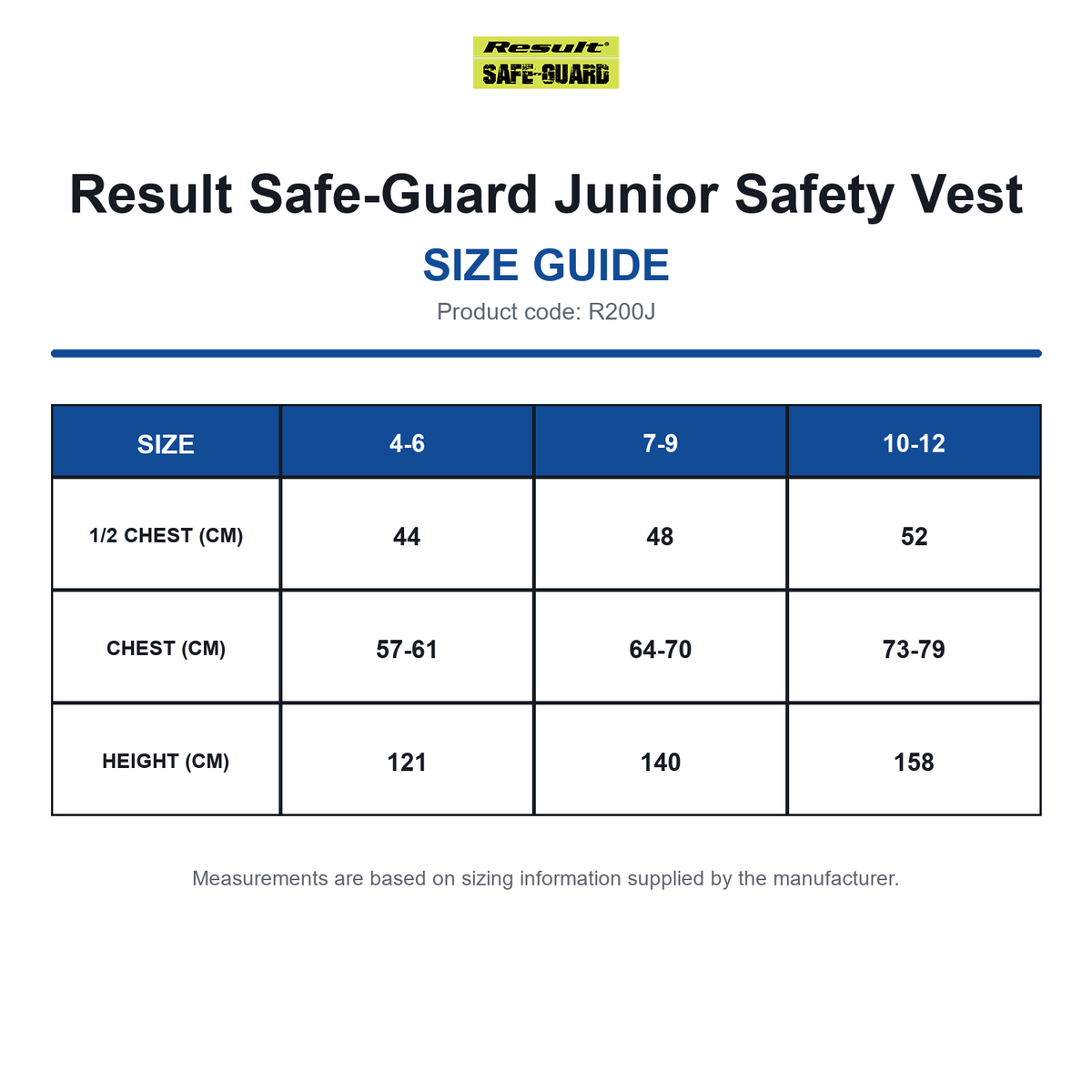 R200J Result Safe-Guard Junior Safety Vest size guide (R200J)