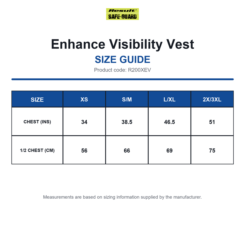 R200XEV Result Safeguard Enhance Visibility Vest size guide (R200XEV)