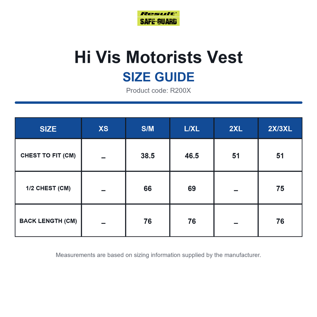 R200X Result SafeGuard Hi Vis Motorists Vest size guide (R200X)
