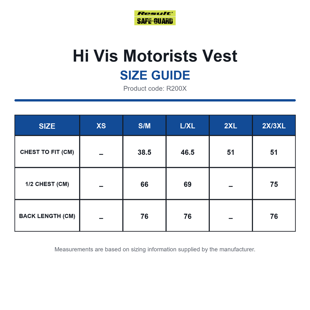 R200X Result SafeGuard Hi Vis Motorists Vest size guide (R200X)