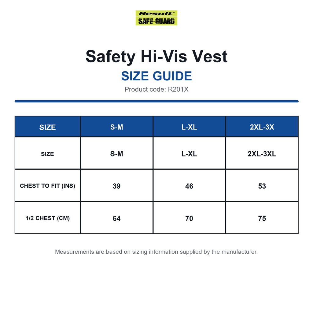 R201X Result SafeGuard Safety Hi-Vis Vest size guide (R201X)