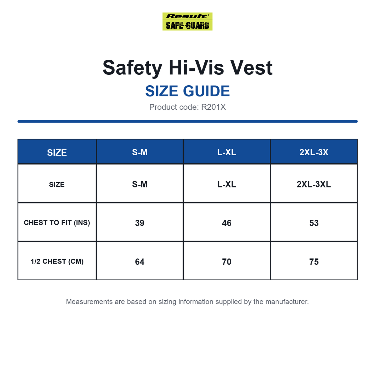 R201X Result SafeGuard Safety Hi-Vis Vest size guide (R201X)