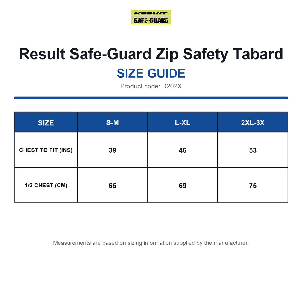 R202X Result Safe-Guard Zip Safety Tabard size guide (R202X)