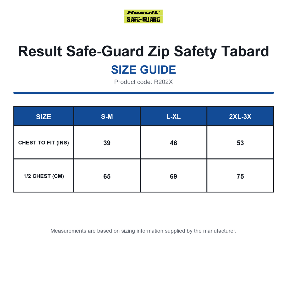 R202X Result Safe-Guard Zip Safety Tabard size guide (R202X)