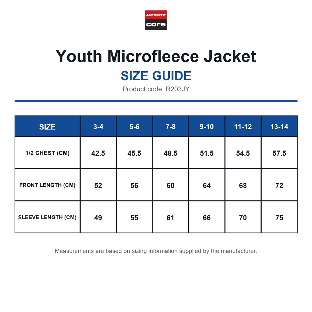 R203JY Result Core Youth Microfleece Jacket size guide (R203JY)
