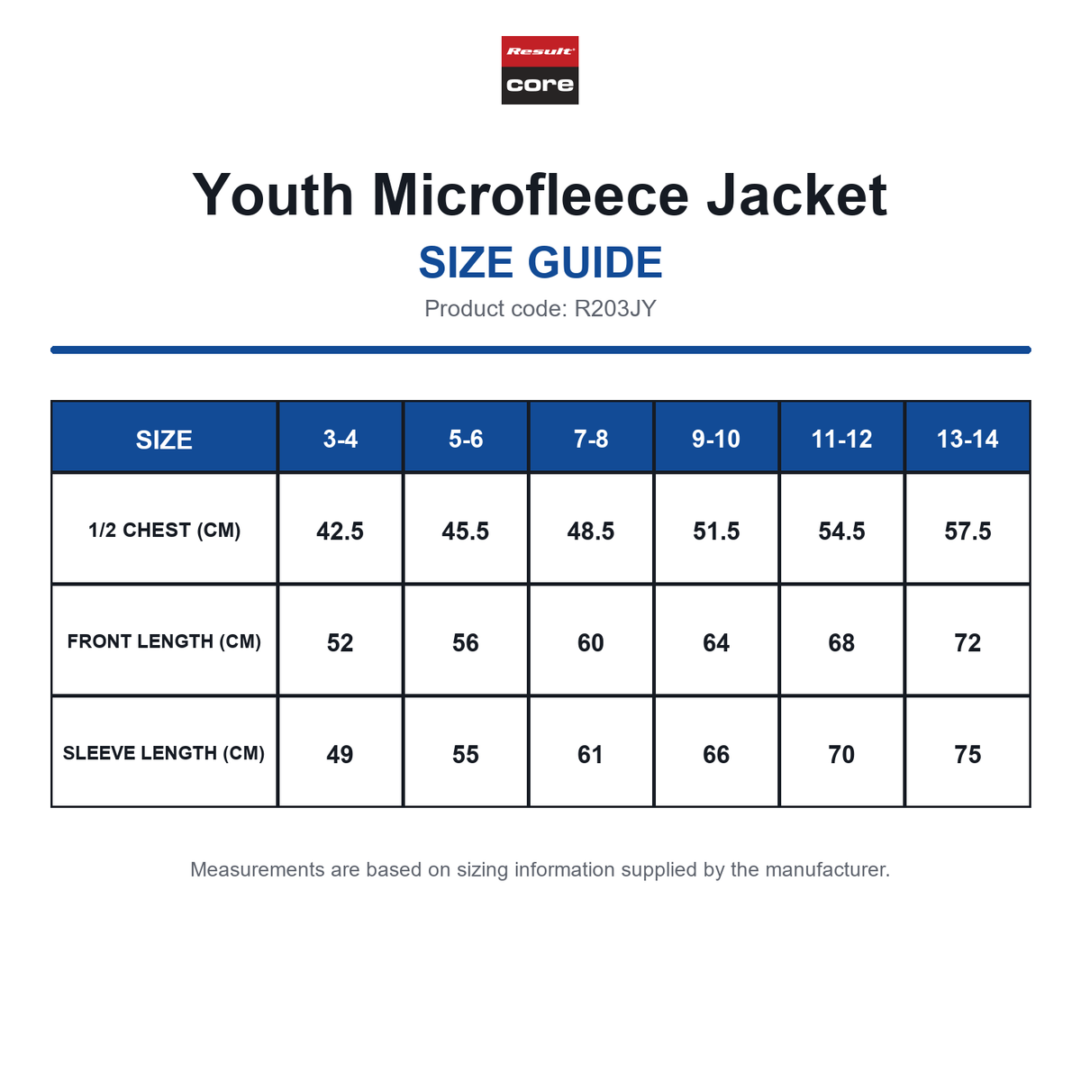 R203JY Result Core Youth Microfleece Jacket size guide (R203JY)