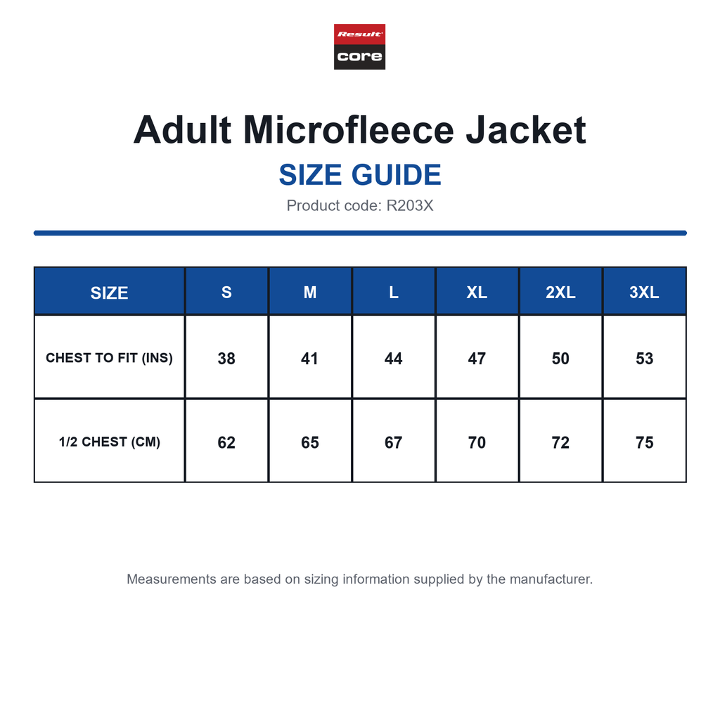 R203X Result Core Adult Microfleece Jacket size guide (R203X)