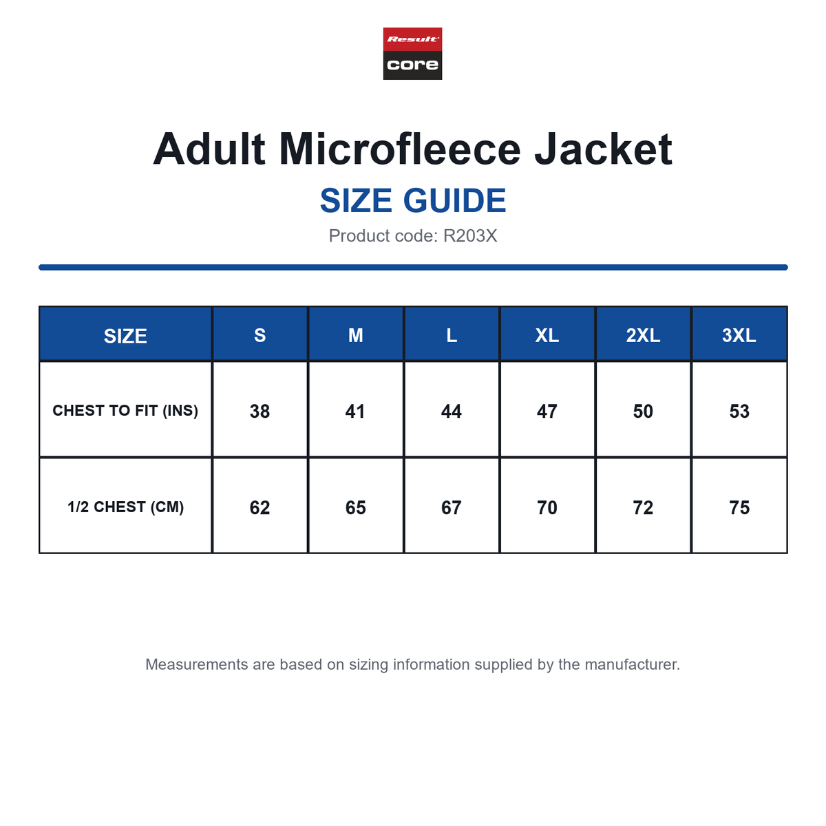 R203X Result Core Adult Microfleece Jacket size guide (R203X)