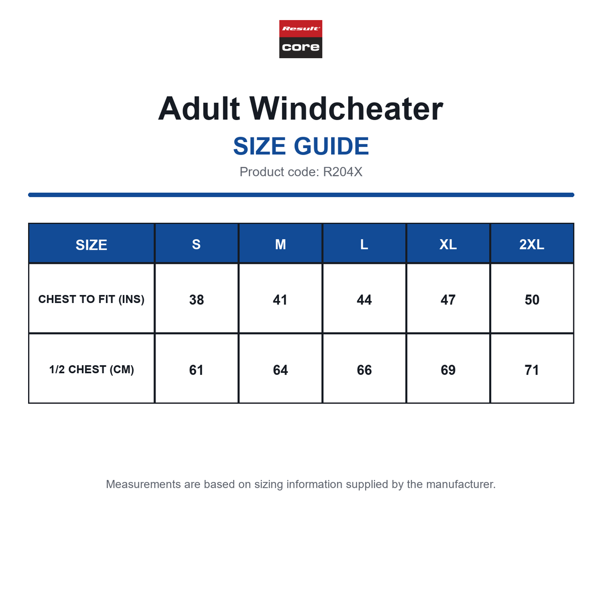 R204X Result Core Adult Windcheater size guide (R204X)