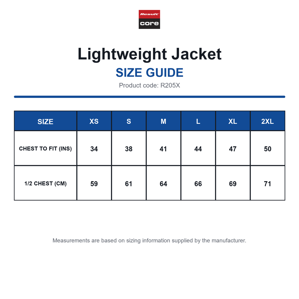R205X Result Core Lightweight Jacket size guide (R205X)