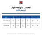 R205X Result Core Lightweight Jacket size guide (R205X)
