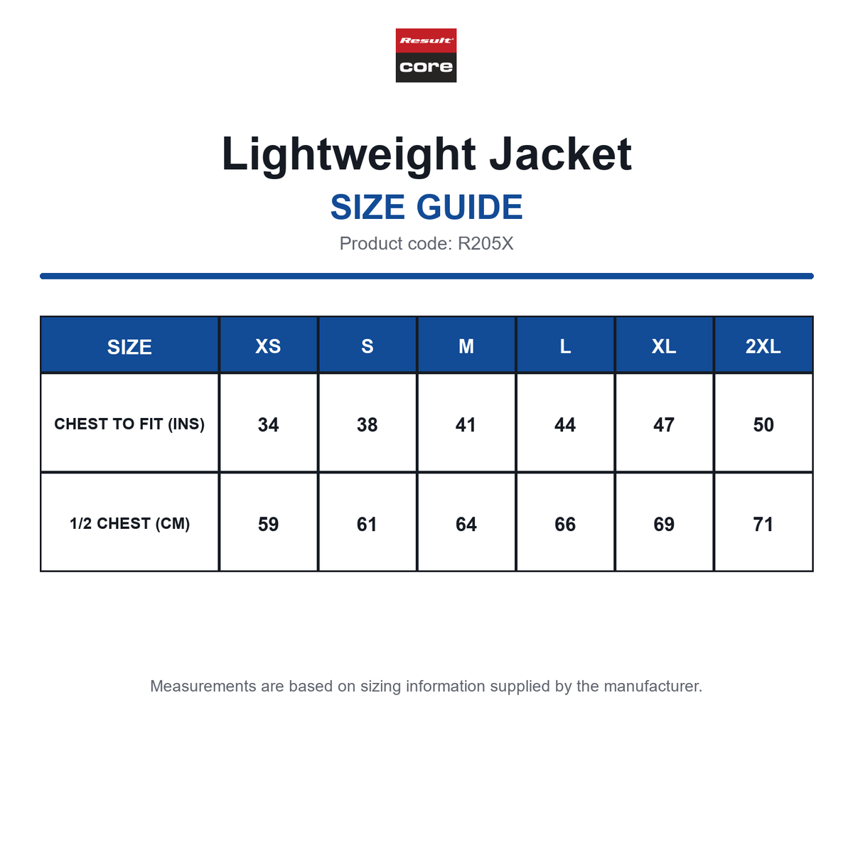 R205X Result Core Lightweight Jacket size guide (R205X)