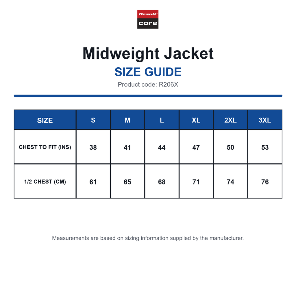 R206X Result Core Midweight Jacket size guide (R206X)