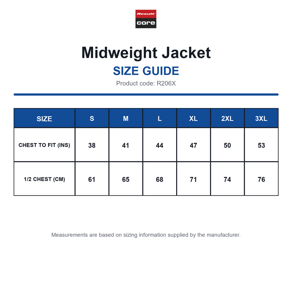 R206X Result Core Midweight Jacket size guide (R206X)