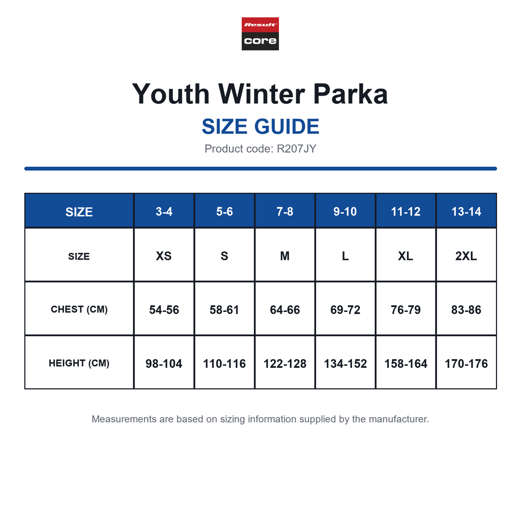 R207JY Result Core Youth Winter Parka size guide (R207JY)