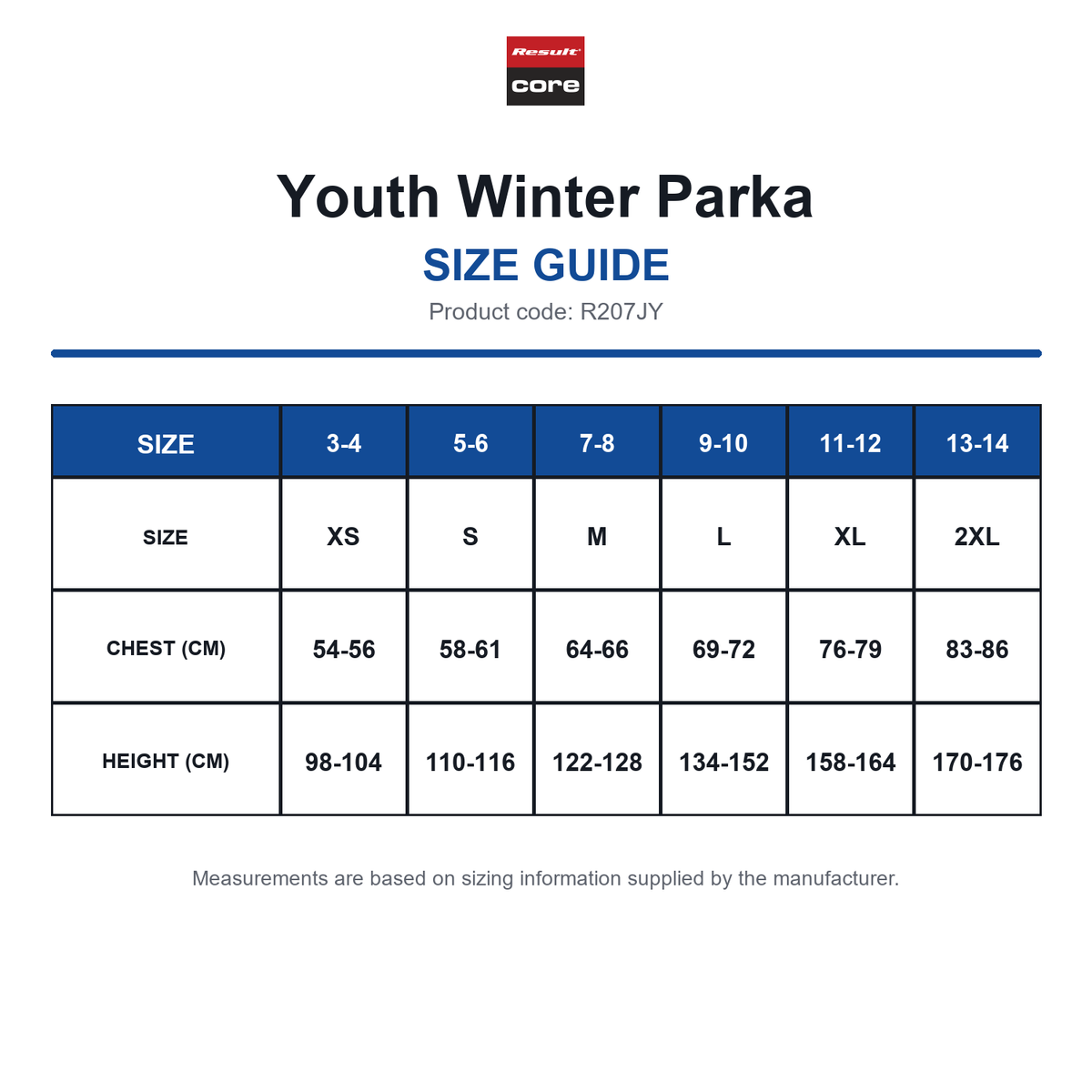 R207JY Result Core Youth Winter Parka size guide (R207JY)