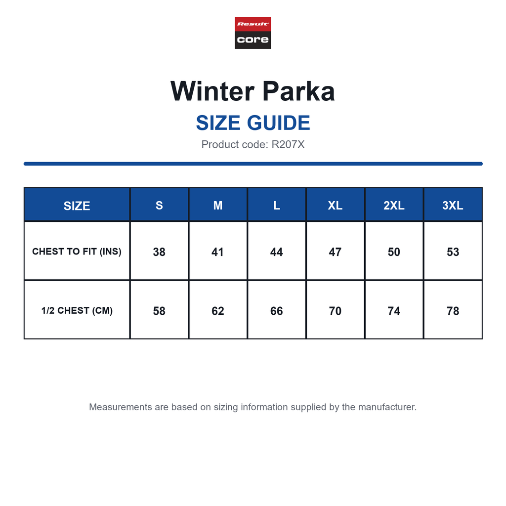 R207X Result Core Winter Parka size guide (R207X)