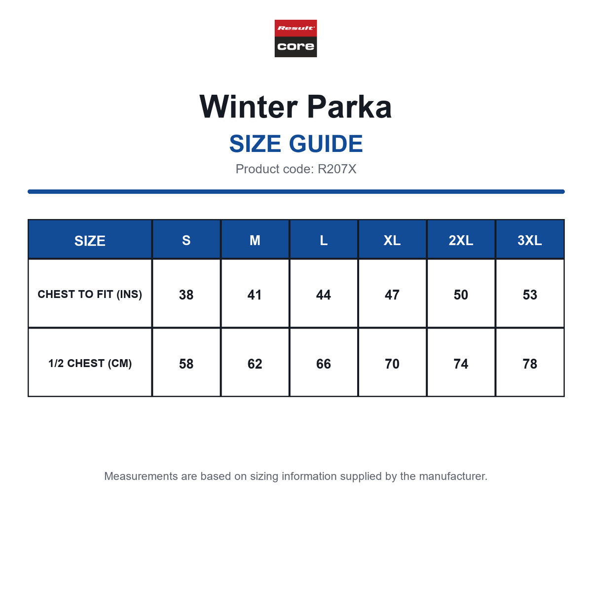 R207X Result Core Winter Parka size guide (R207X)
