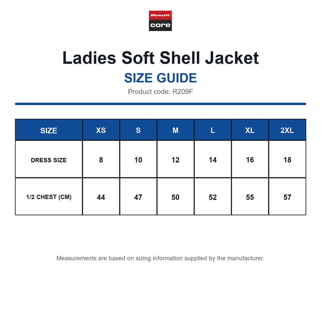 R209F Result Core Ladies Soft Shell Jacket size guide (R209F)
