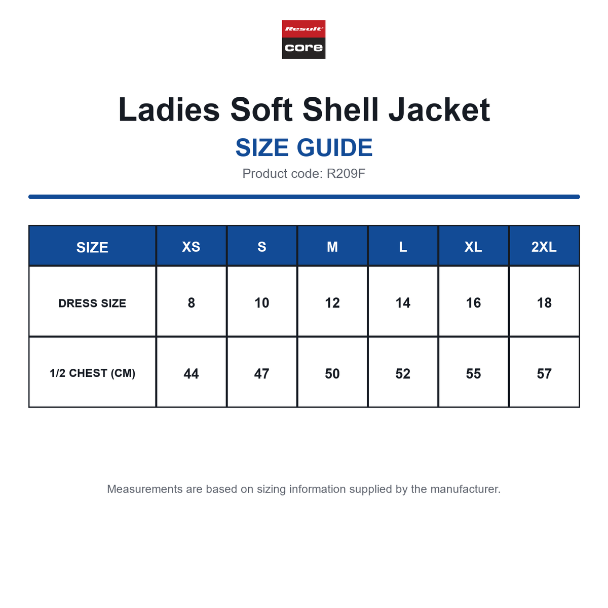 R209F Result Core Ladies Soft Shell Jacket size guide (R209F)