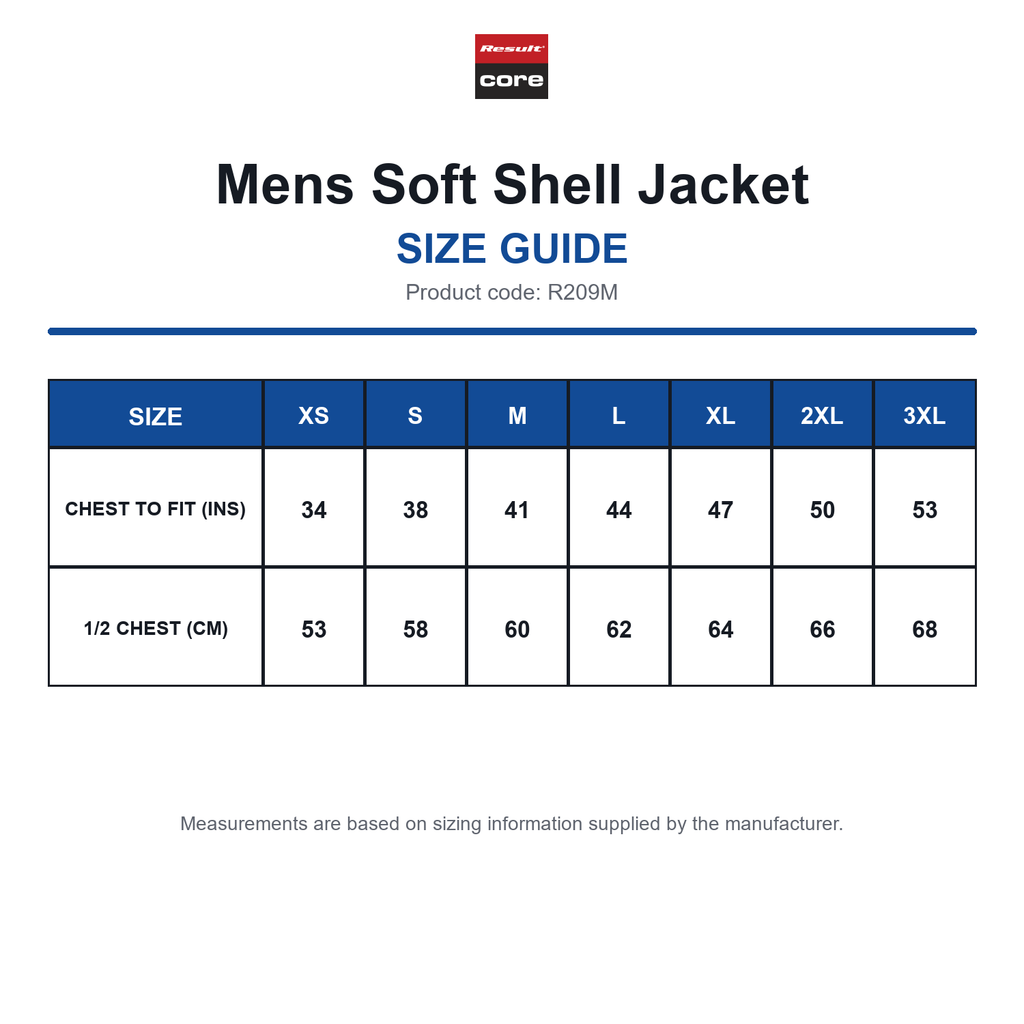 R209M Result Core Mens Soft Shell Jacket size guide (R209M)