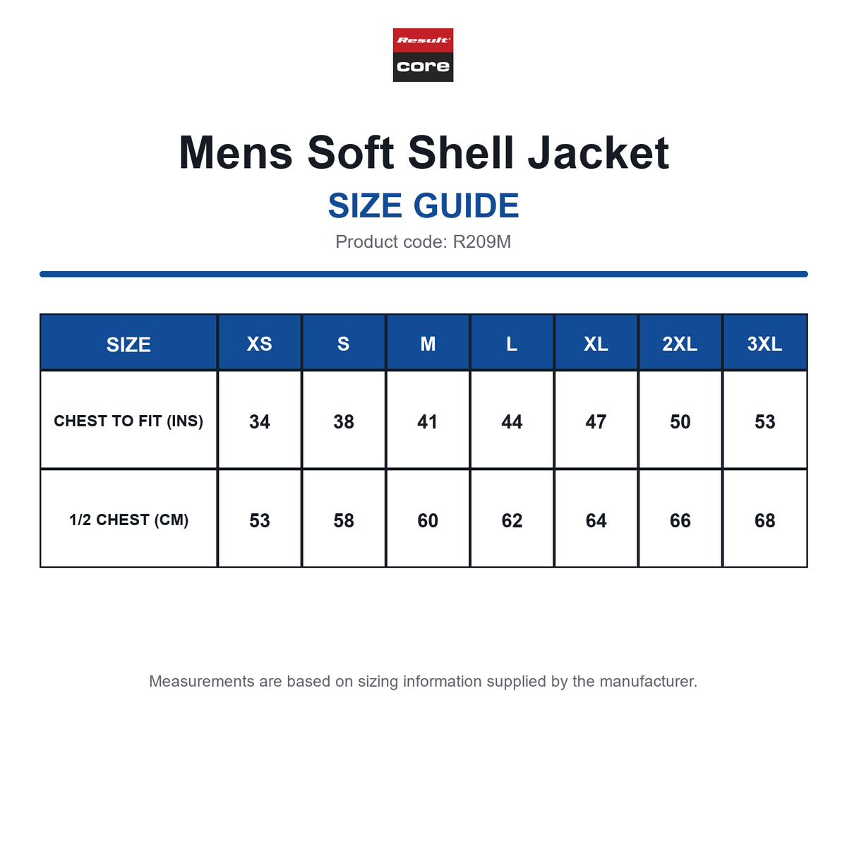R209M Result Core Mens Soft Shell Jacket size guide (R209M)