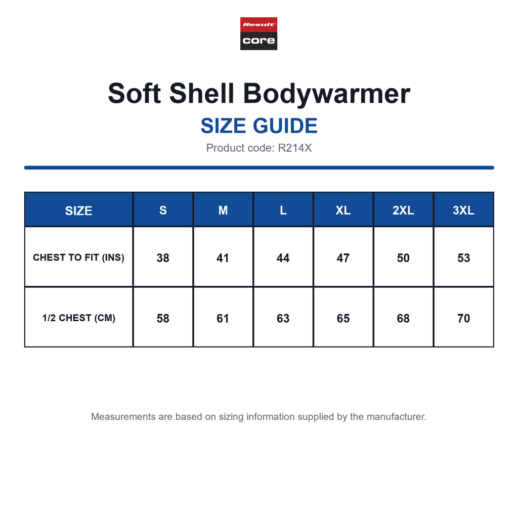 R214X Result Core Soft Shell Bodywarmer size guide (R214X)