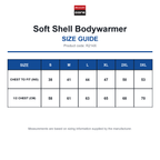 R214X Result Core Soft Shell Bodywarmer size guide (R214X)