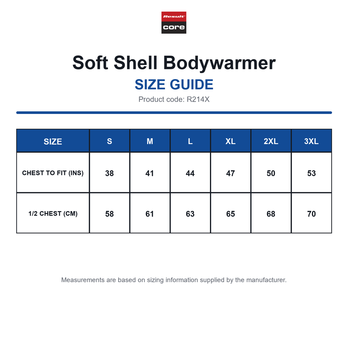 R214X Result Core Soft Shell Bodywarmer size guide (R214X)