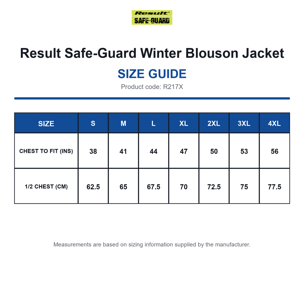 R217X Result Safe-Guard Winter Blouson Jacket size guide (R217X)
