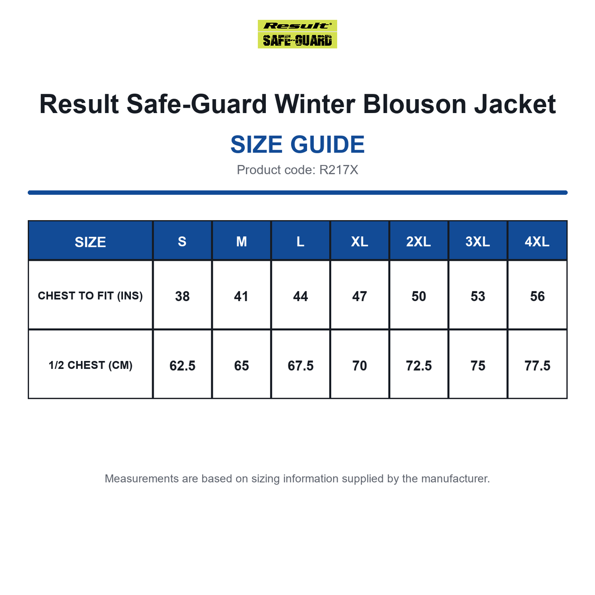 R217X Result Safe-Guard Winter Blouson Jacket size guide (R217X)