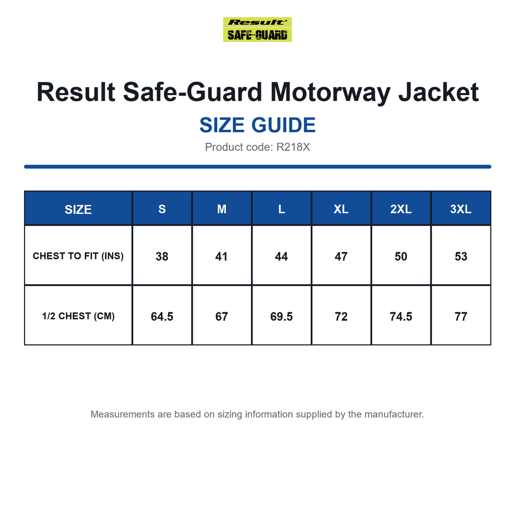 R218X Result Safe-Guard Motorway Jacket size guide (R218X)
