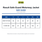 R218X Result Safe-Guard Motorway Jacket size guide (R218X)