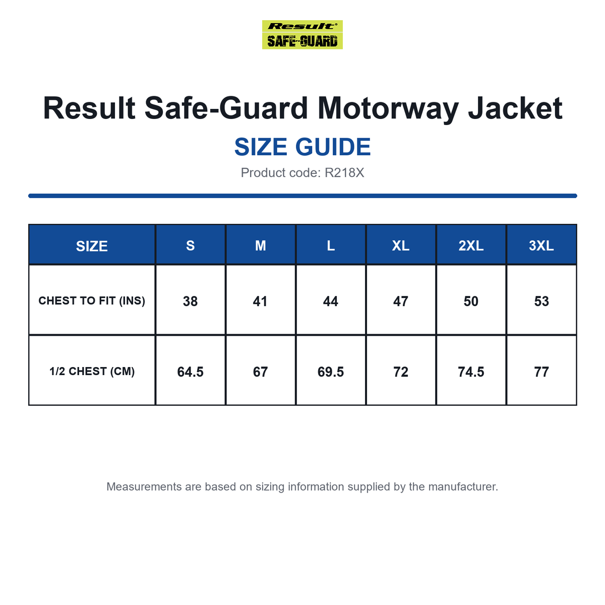 R218X Result Safe-Guard Motorway Jacket size guide (R218X)