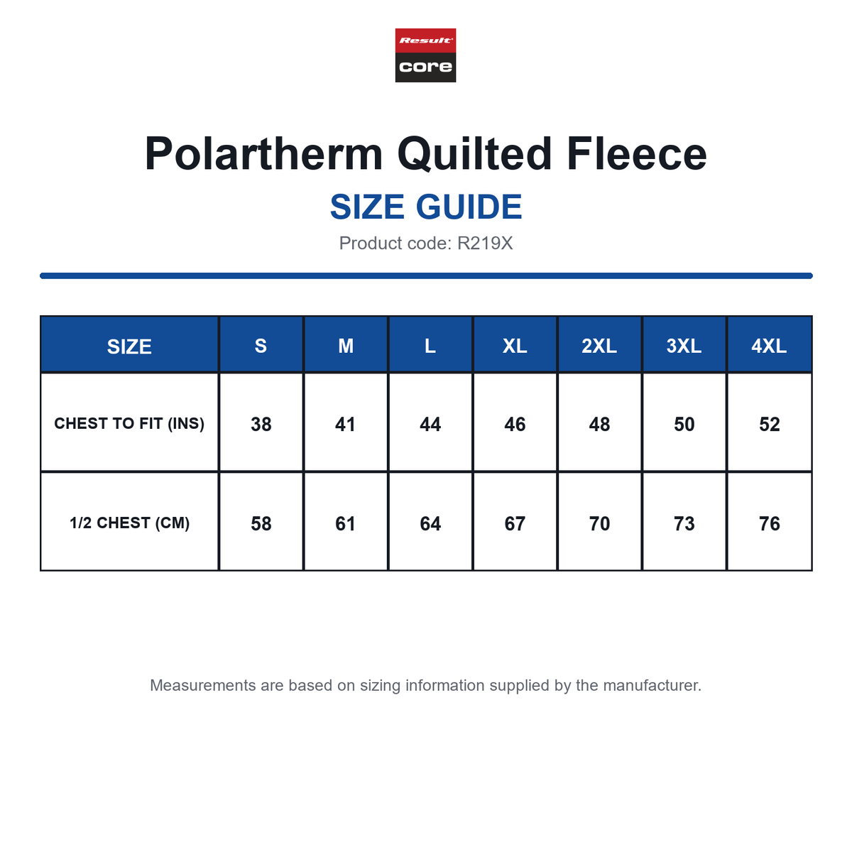 R219X Result Core Polartherm Quilted Fleece size guide (R219X)
