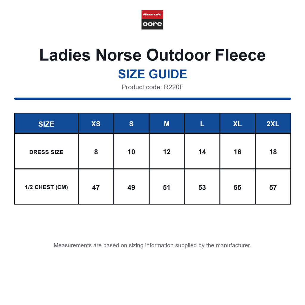 R220F Result Core Ladies Norse Outdoor Fleece size guide (R220F)