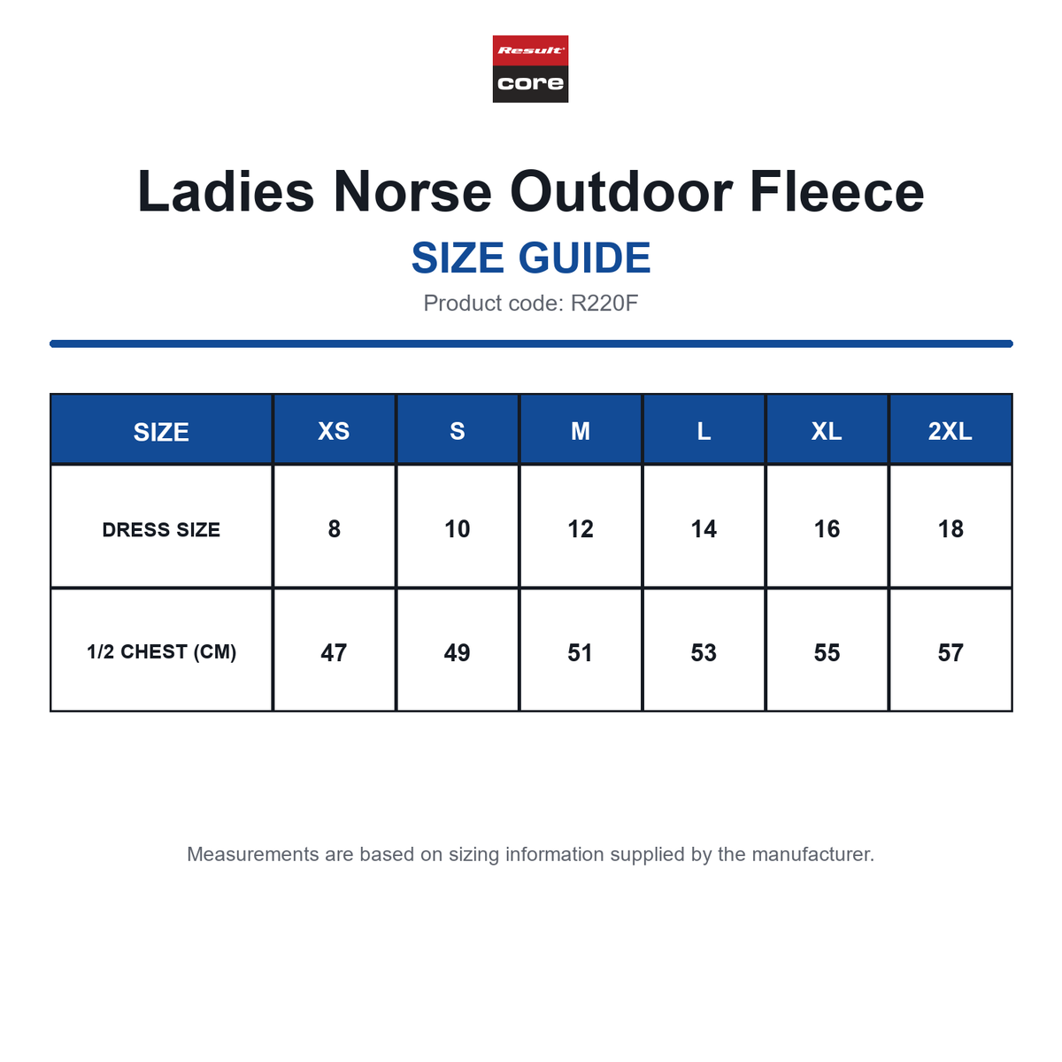 R220F Result Core Ladies Norse Outdoor Fleece size guide (R220F)