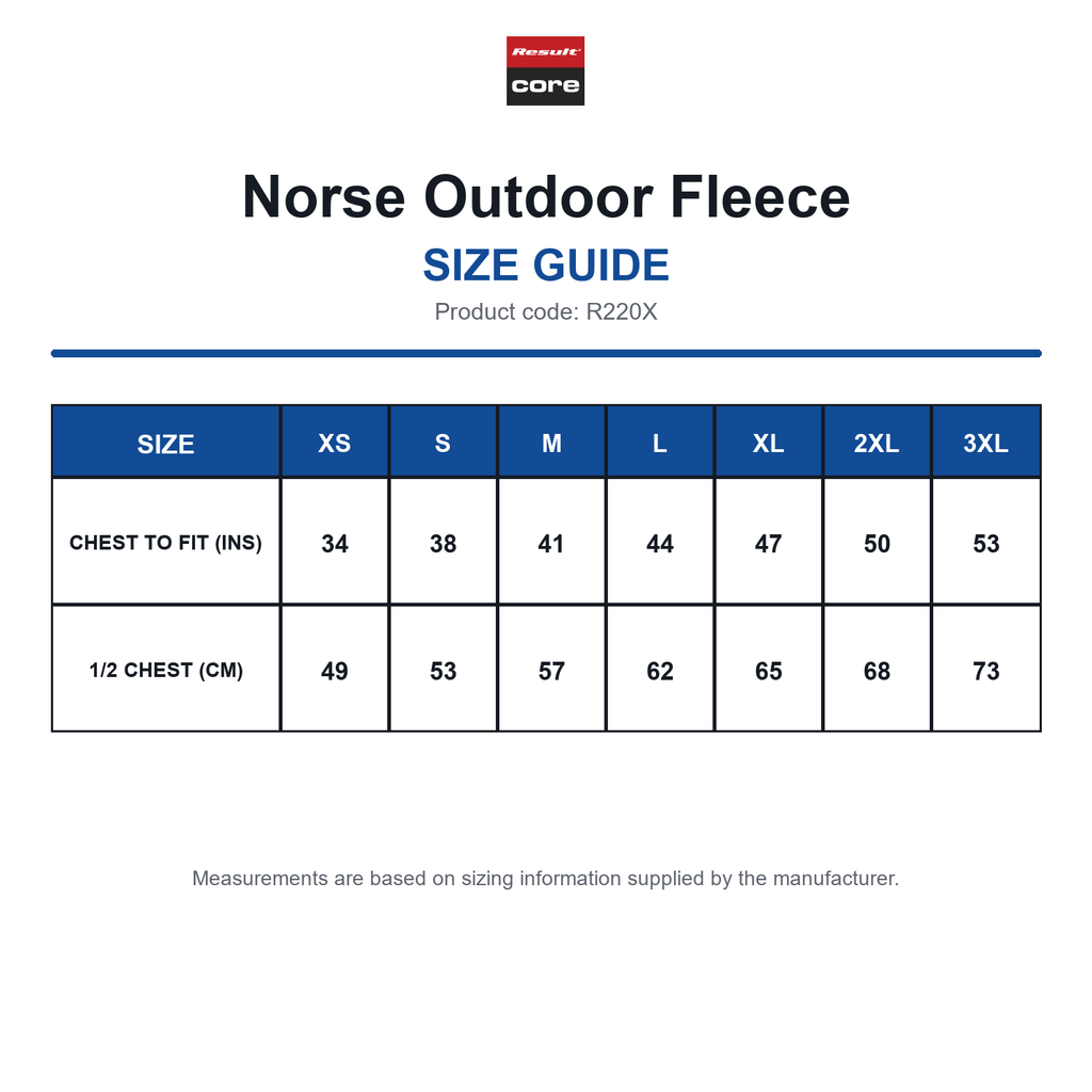 R220X Result Core Norse Outdoor Fleece size guide (R220X)
