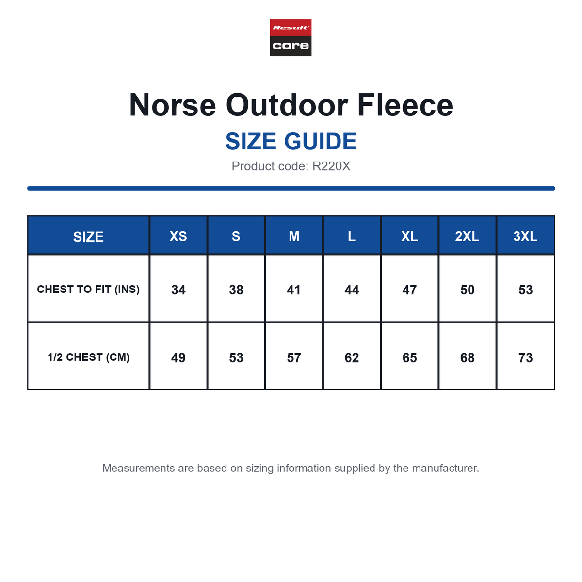 R220X Result Core Norse Outdoor Fleece size guide (R220X)