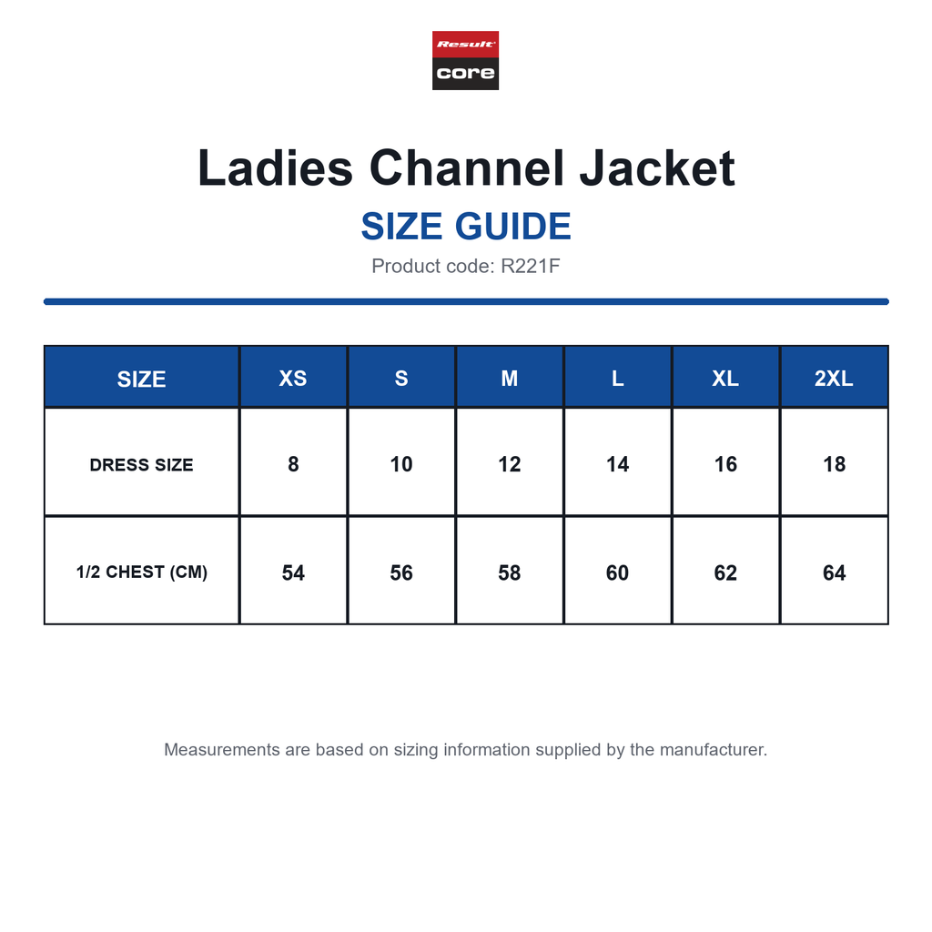 R221F Result Core Ladies Channel Jacket size guide (R221F)