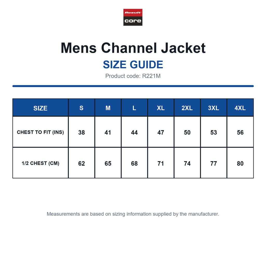 R221M Result Core Mens Channel Jacket size guide (R221M)
