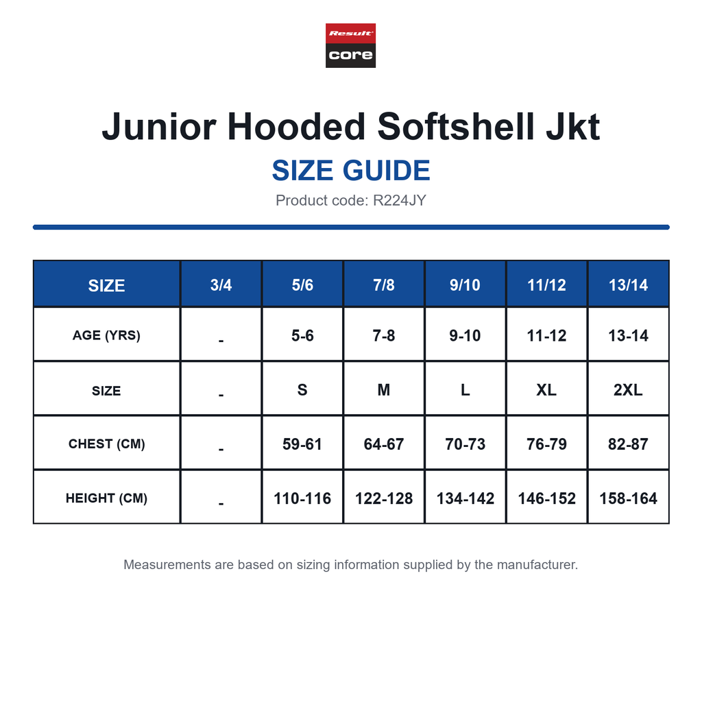 R224JY Result Core Junior Hooded Softshell Jkt size guide (R224JY)