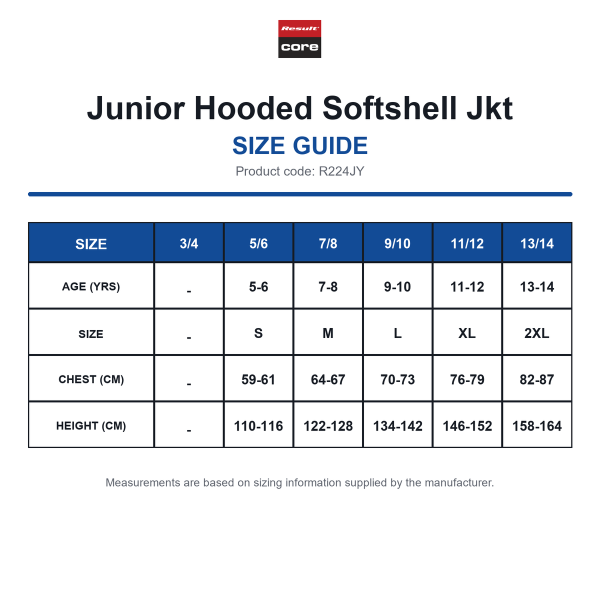 R224JY Result Core Junior Hooded Softshell Jkt size guide (R224JY)