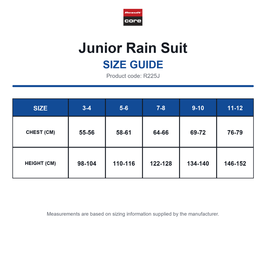 R225J Result Core Junior Rain Suit size guide (R225J)