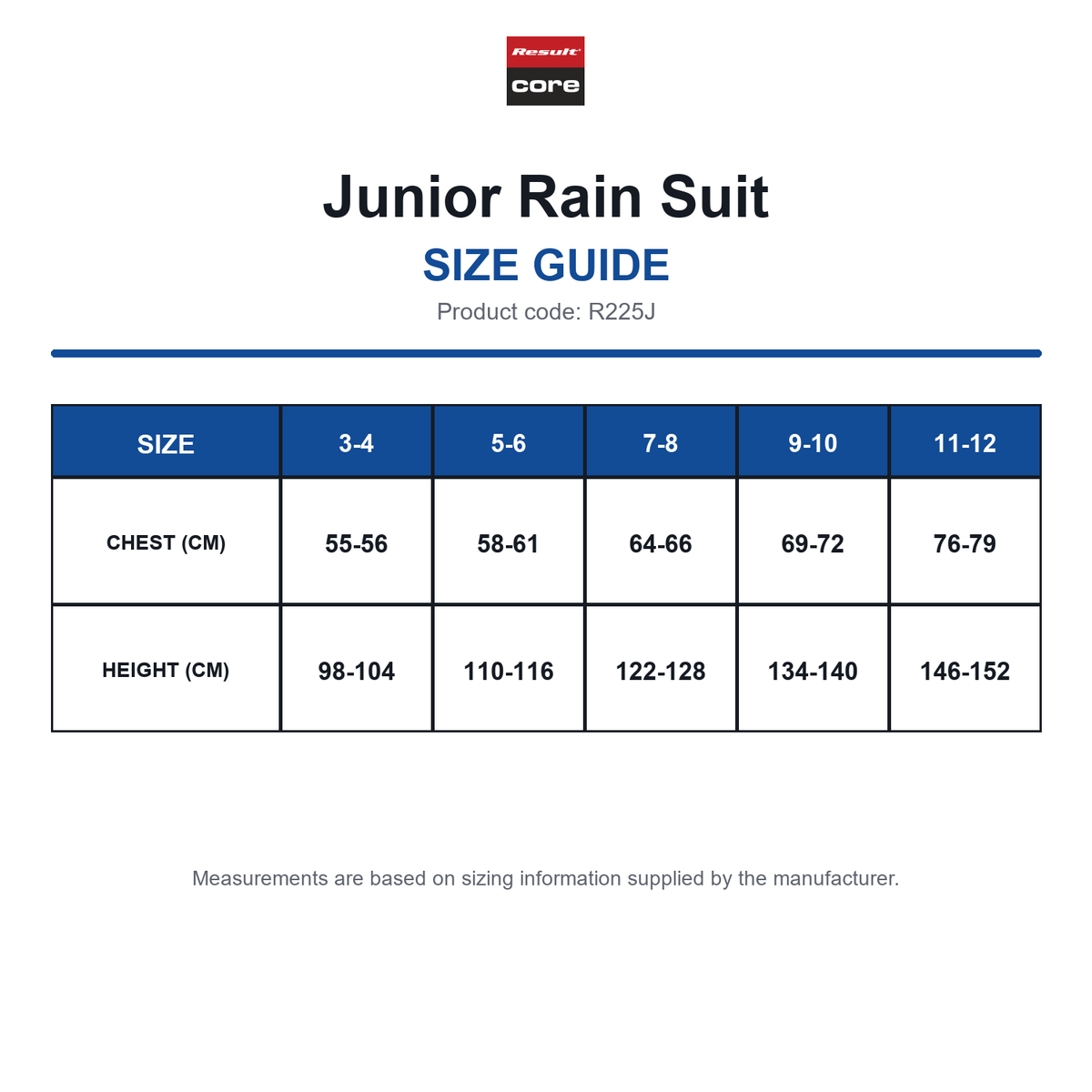 R225J Result Core Junior Rain Suit size guide (R225J)